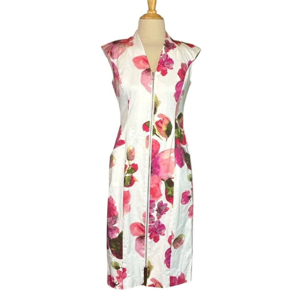 J. PETERMAN Size 2 Watercolor Floral Full Front Zip Sheath Dress Spring Event